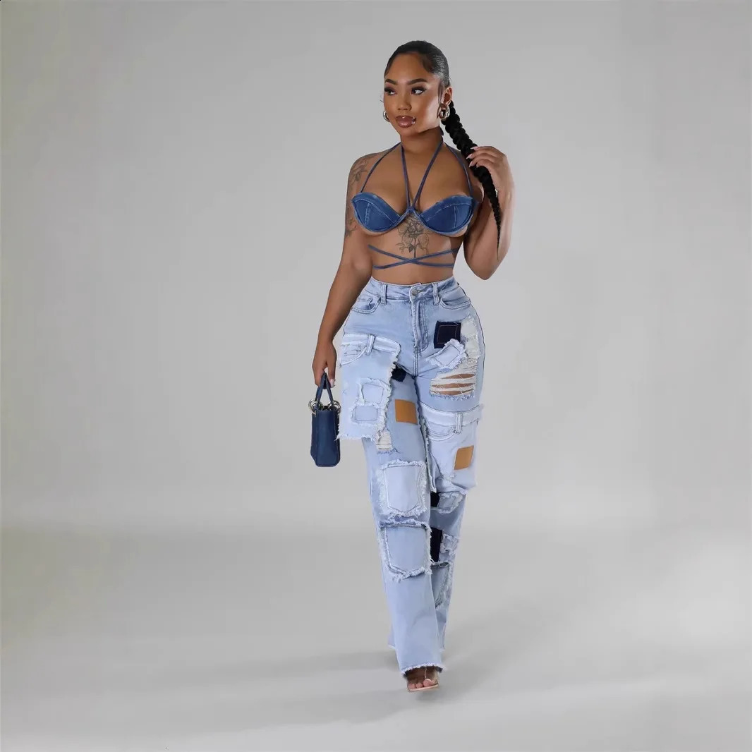 Womens Denim Pants Jeans Straight Trousers Long Pants Hole High Waist Y2k Streetwear Pockets Mom Jeans Spring Hollow Out 250314