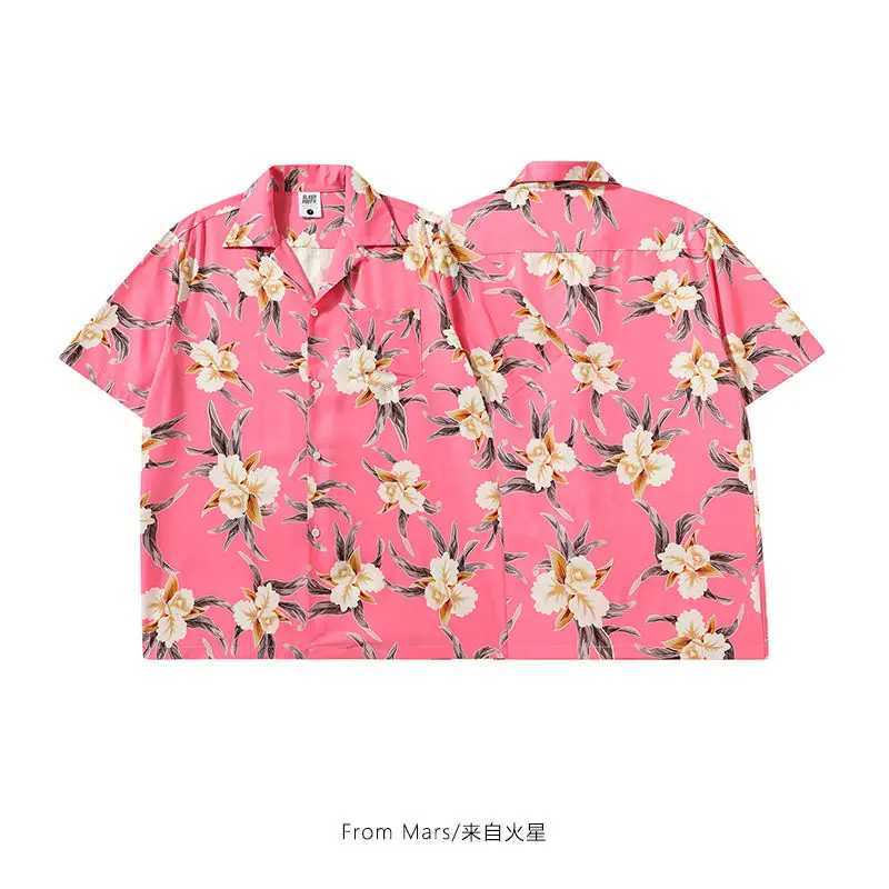 Vintage Cuban mens collar shirt Hawaiian fashion beach shirt summer chiffon short sleeved top aesthetic pink flower Y2K Camissa M250320