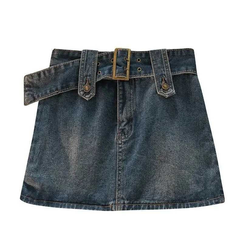 Retro Womens Denim Mini Leather Goods Summer Solid Belt Sexy Jeans Leather Goods Fe Casual Clothing Korean Ultra Thin A-line Leather Goods NewXJ250320