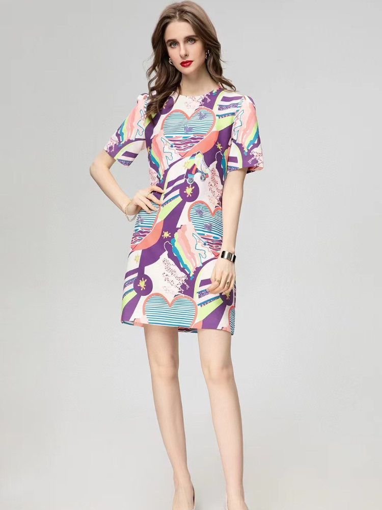 OC13800 Women's Dresses Multicolored Coated Canvas Luxury Customization Service Summer Round Neck Short Sleeved Printed Dress