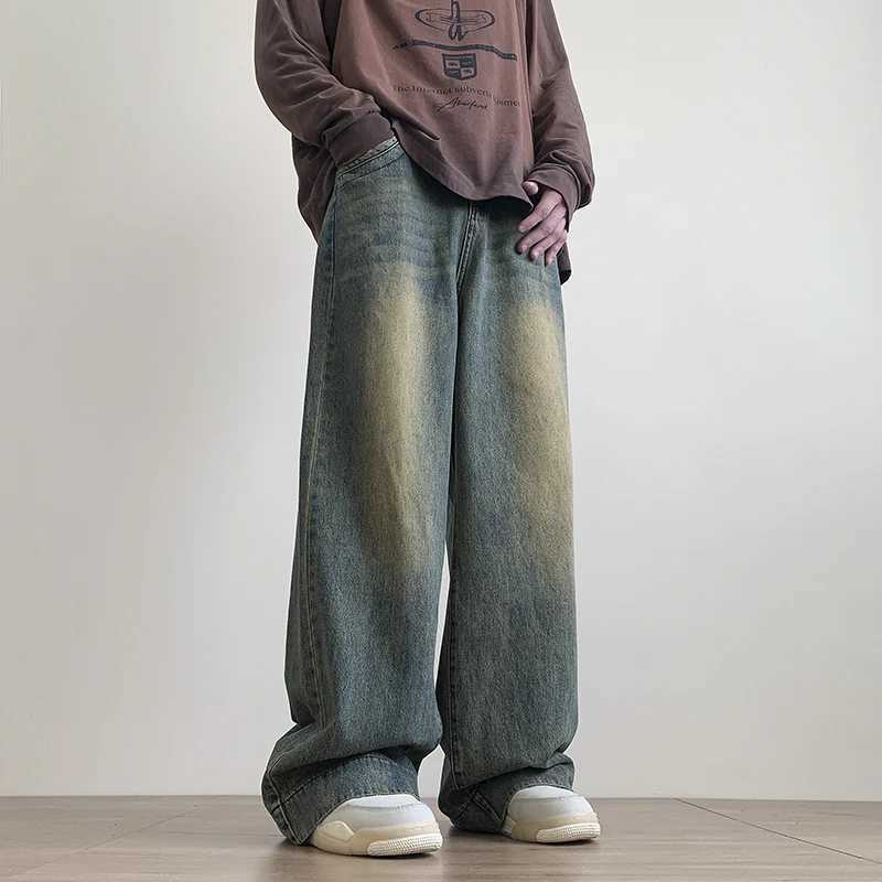 Distressed retro blue jeans mens wide leg jeans mens Trousers mens oversized streetwear fashionable casual bag straight jeansT250319