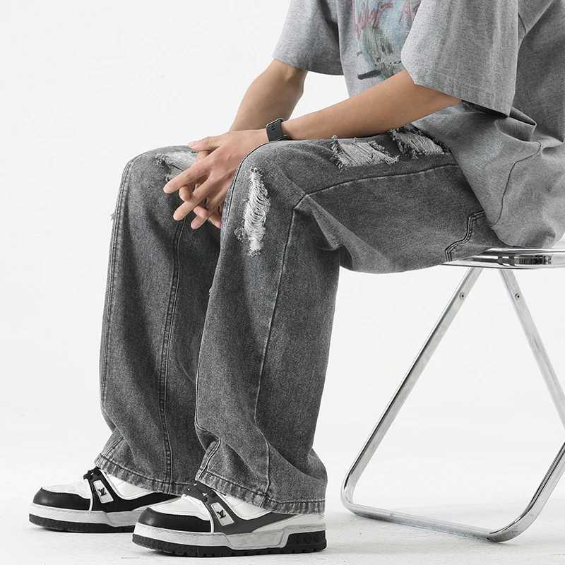 Mens summer ripped jeans loose straight leg retro mens drawstring port fashion brand fully matched casual pantsT250319