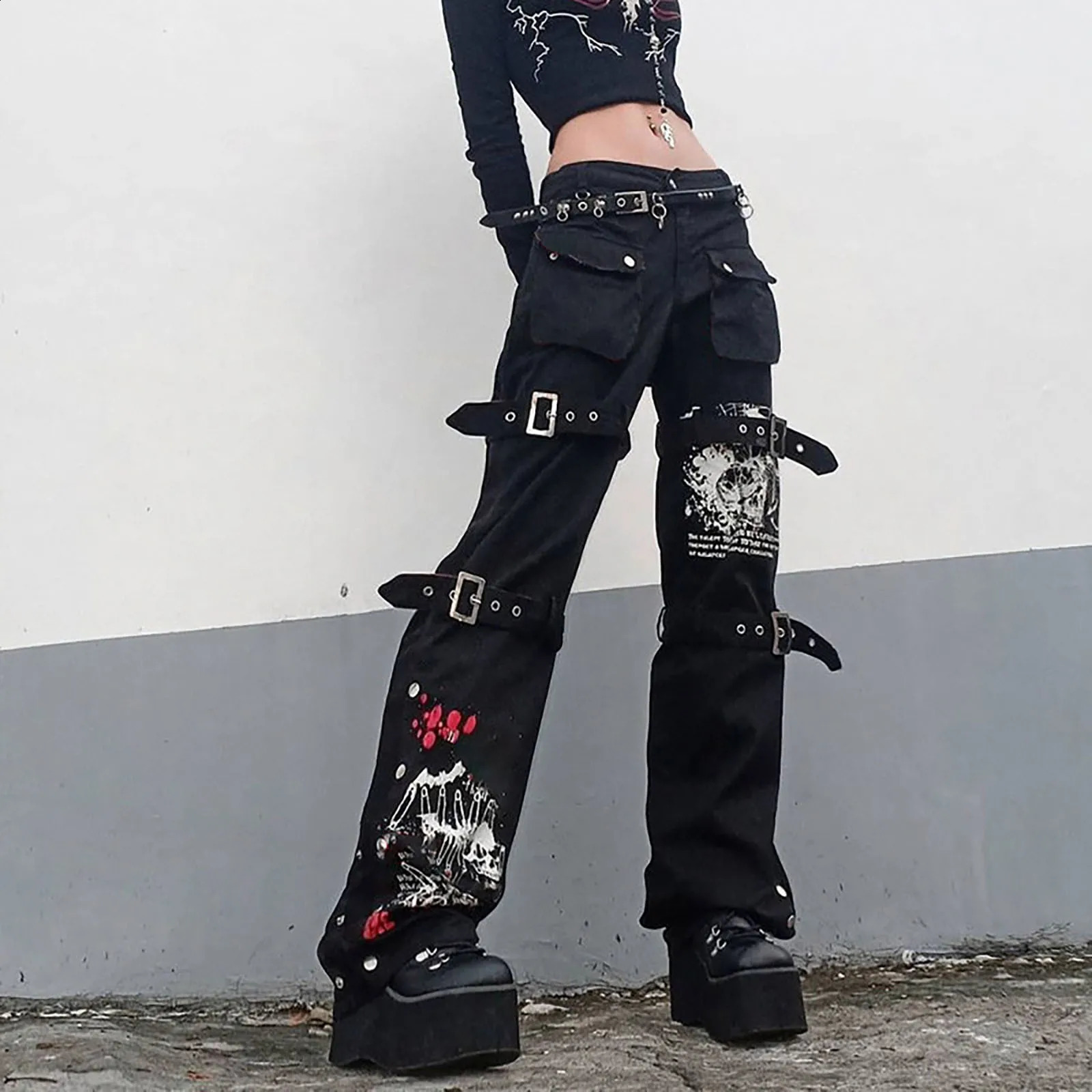WomenS Trousers Low-Rise Gothic Jeans Street Washed Print Style Cool Loop Pants Retro Hip Hop Wide-Leg Pants Harajuku Fashion 250319