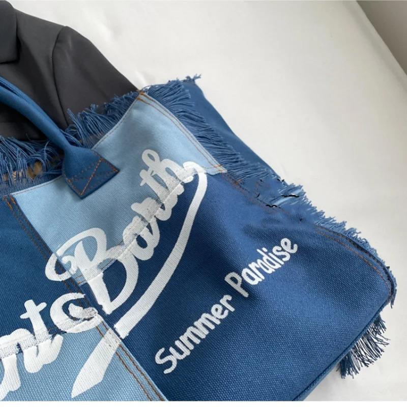 Summer Selling Canvas Solid Color Womens Bag Large Capacity Printed Letter Tassel Splicing High-quality Handbag 250314