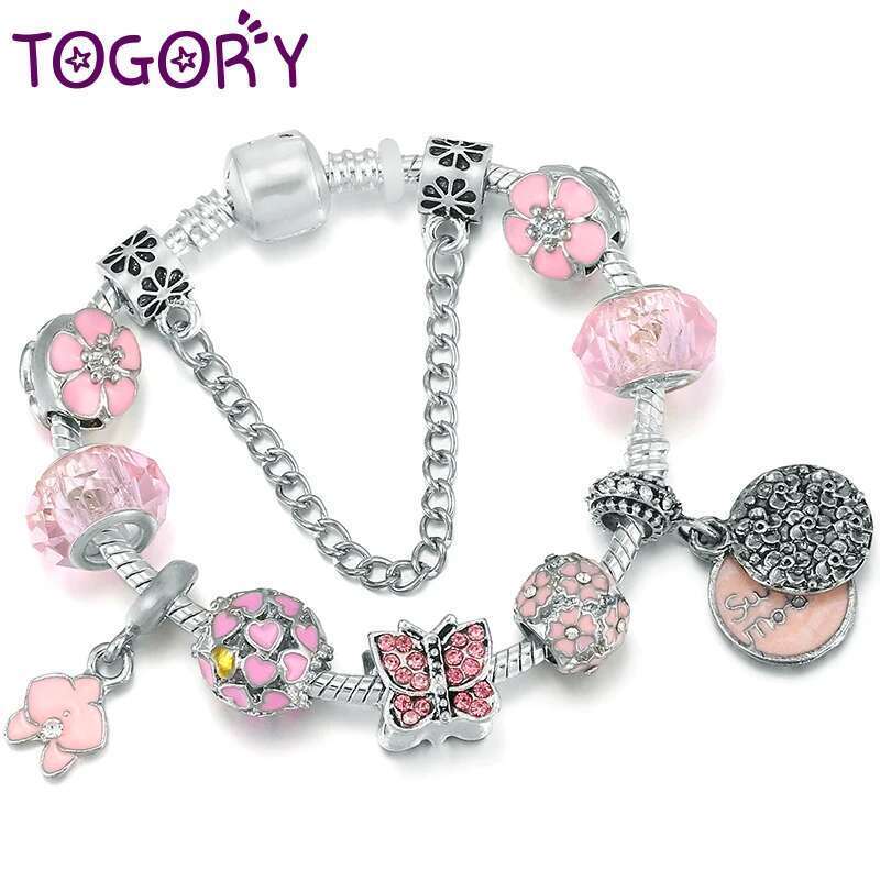 High Quality Silver Plated Heart Beads Charm Bracelets With Pink Mother Pendant DIY Bracelet Jewelry Gift For Women Men Pulsera