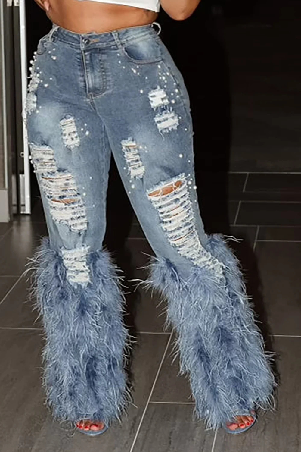 Plus Size Casual Denim Hollowed Out Wide Leg Pants Ripped Jeans 250319