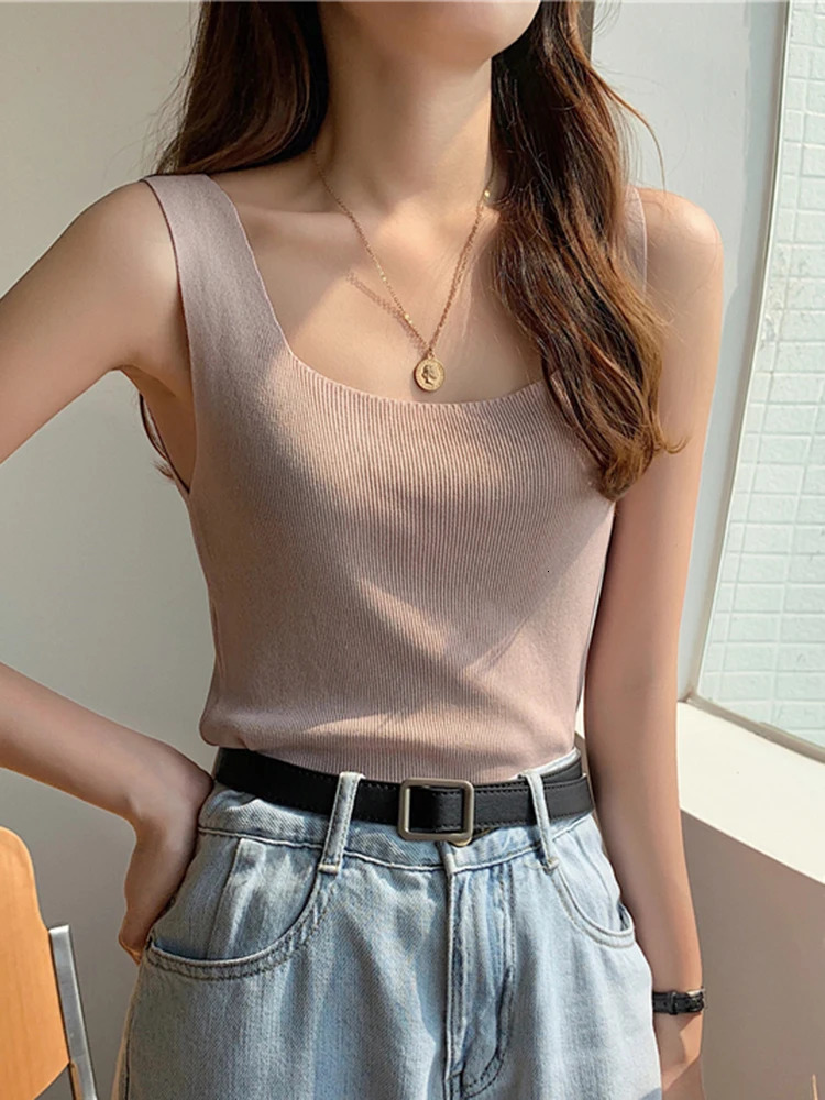 2025 Summer Knitted Tops Neck Summer Basic Shirts White Black Casual Sport Vest Off Shoulder Green Womens Tank Top 250320
