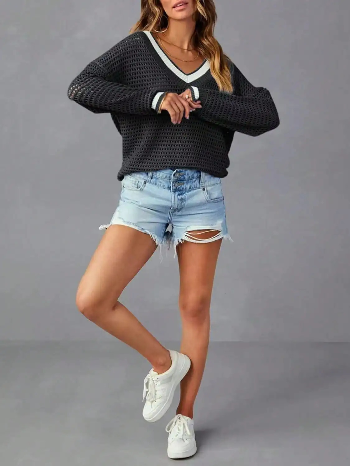 Womens V Neck Long-Sleeved Tennis Sweater Casual Crochet Knitted Top Pullover Beach Cover-Up 250320