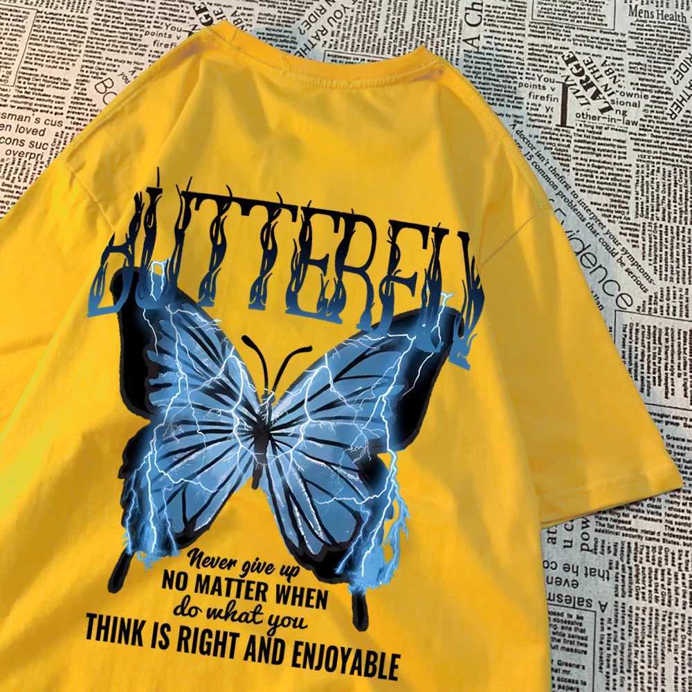 Blue Lightning Butterfly Creative Word T-Shirt Men Casual Oversized T-Shirt Casual Loose Tee Clothes Pattern Quality TopsT250319