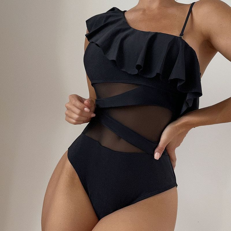 2025 New Multi Color Wood Ear Edge Shoulder Mesh Hollow Sexy One Piece Swimsuit Female European And American Foreign Trade Bikini
