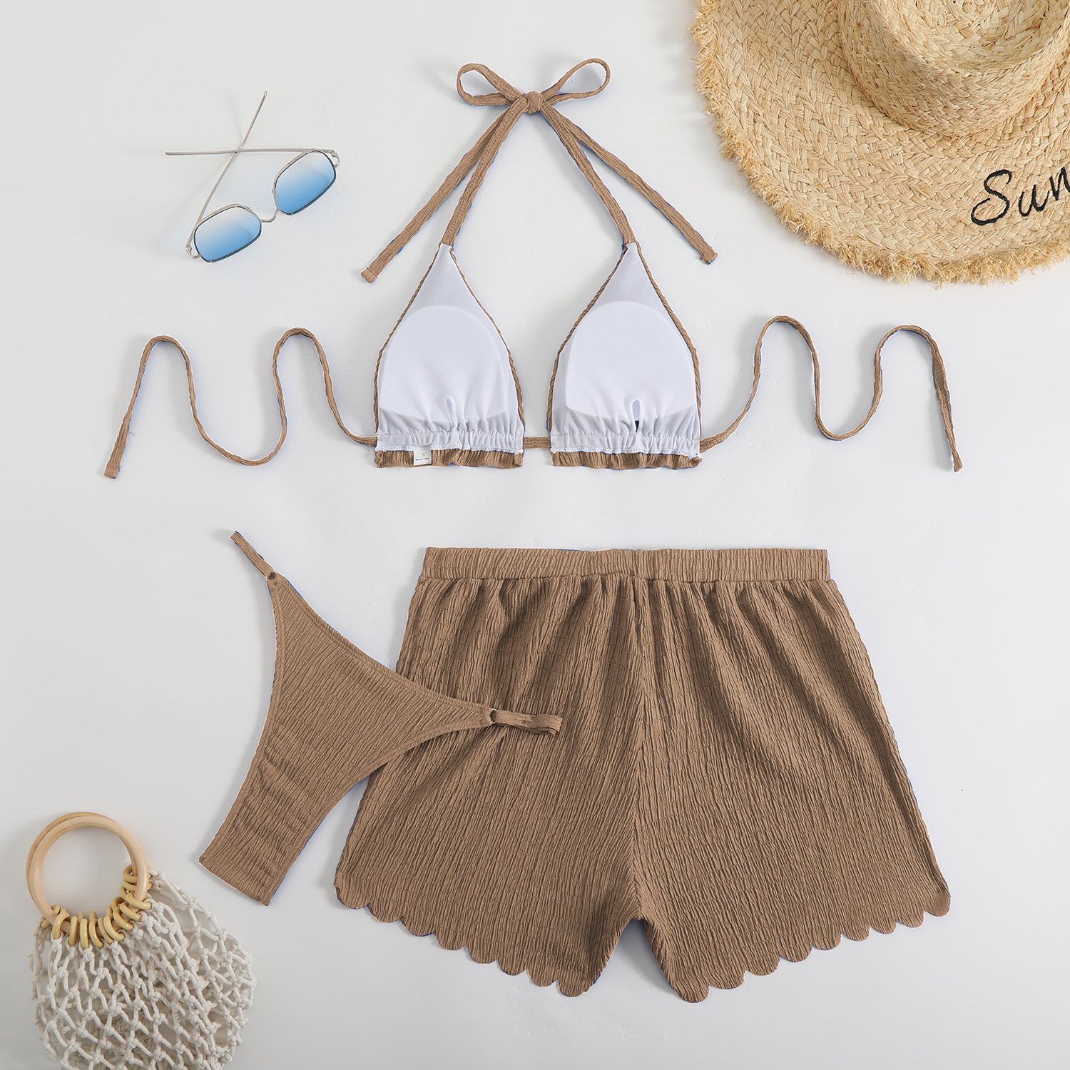3 Piece Women Wrinkled Triangle Bikini Halter Neck Backless Three Piece Swimsuits Sexy Thong Micro Bikinis Set with Drawstring Loose Shorts Beachwear 