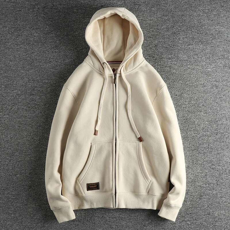 Autumn Winter American Retro Heavyweight Long Sleeved Hooded Hoodies Men's Simple Thickened Veet Casual Cardigan Sweatshirts