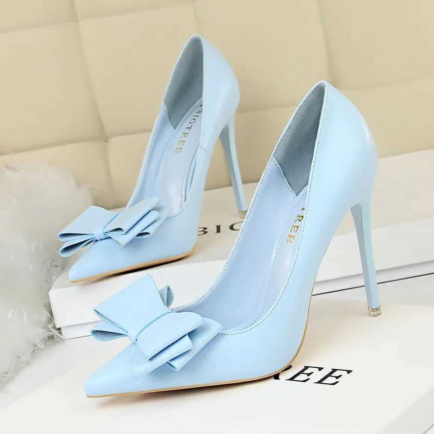 Bigtree Spring/Summer H Shoes Wan Baby Blue Sweet Bow High Temperature H Matte Leather Pump Womens Thin Toes 34 Y250319