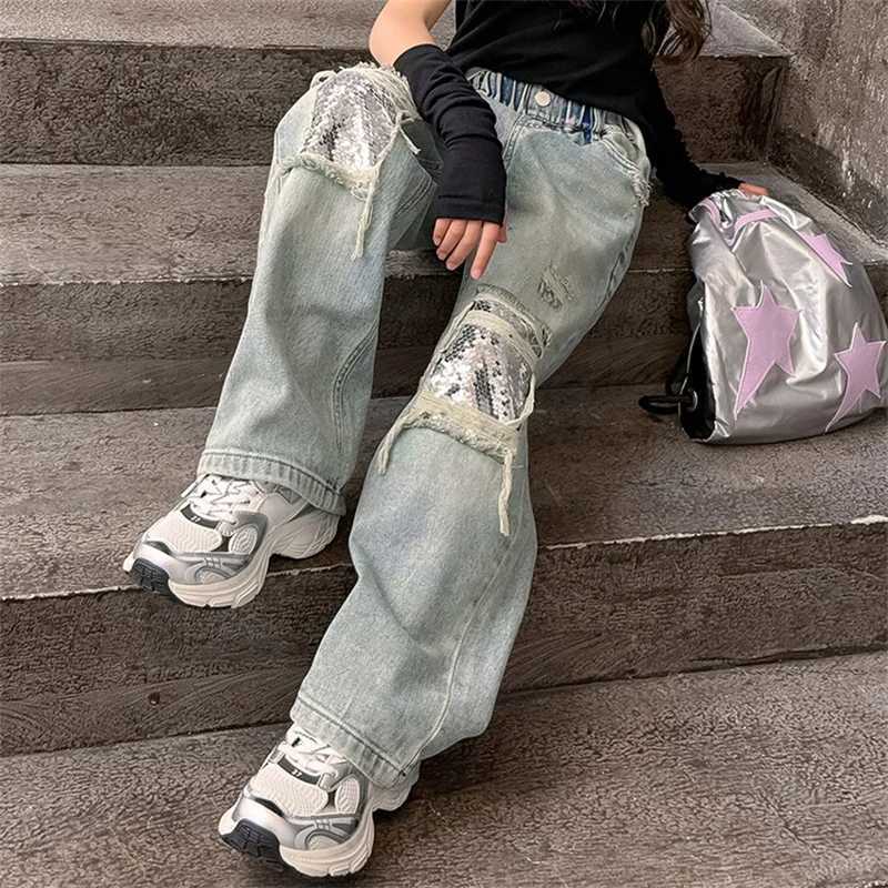 Girls bright jeans fashion 2024 new childrens wide leg pants style spring and autumn ripped pants for ages 6-15T250326