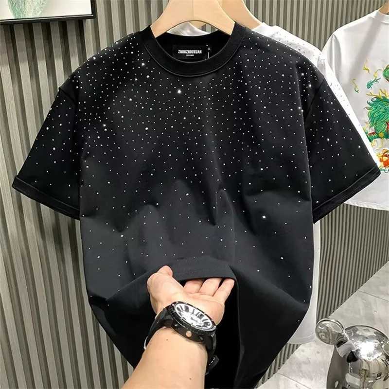 Summer mens high-quality 100% pure cotton short sleeved T-shirt O-neck fashionable rhinestone white T-shirt mens top T-shirt Camisetas HombreT250319