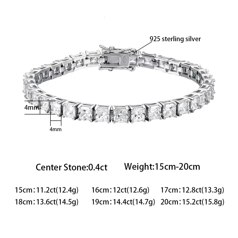 FEOBUR S925 Sterling Silver 4mm Princess Cut Moissanite Tennis Bracelets with Certificates Diamond Bangle for Women GRA Jewelry