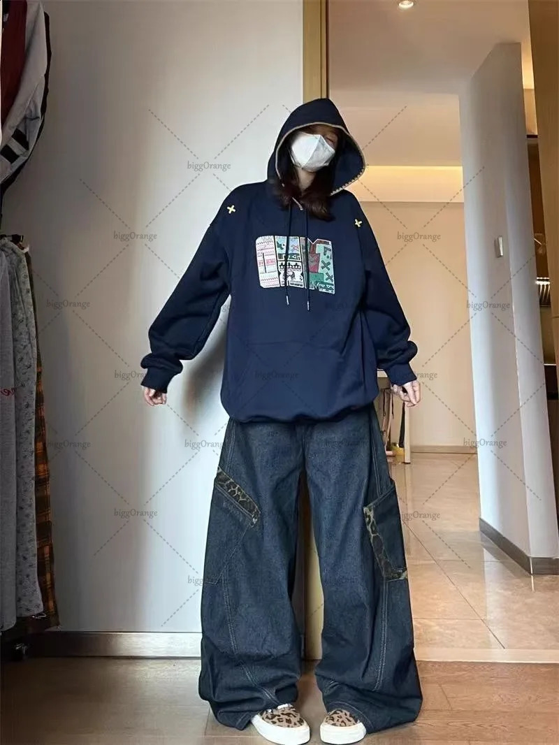 American Y2k Harajuku Washing Jeans Leopard Print Dark Blue High Street Retro Clothing Loose Super Large Straight Wide-leg Pants 250319