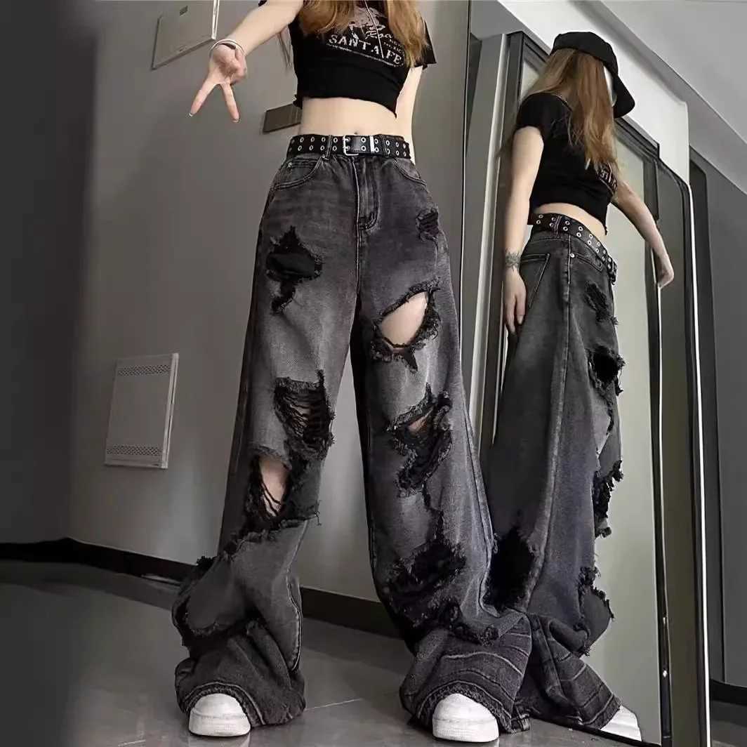 Unique Cool Tear Jeans for Womens Summer Distressed American Bell Bottom Loose Fit Versatile Straight Leg PantsT250326