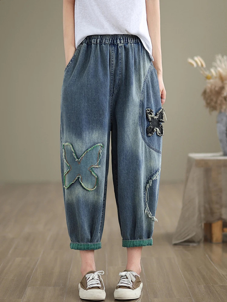 Plus Size Denim Jeans For Women Autumn Arrivals High Elastic Waist Embroidery Streetwear Harem Pants Women 250319
