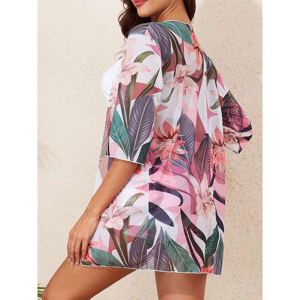 Women's 3-piece swimsuit, high-waisted bikini, printed, banrib, with kimono, for swimmers, 2025