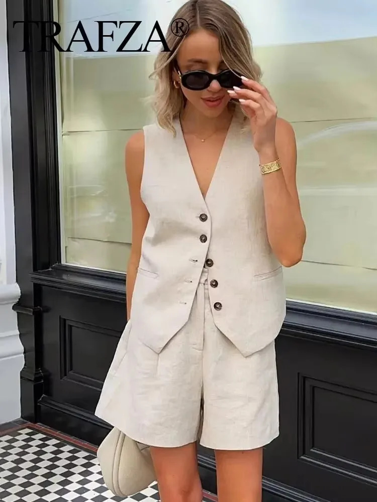 TRAFZA Summer Womens Casual Retro Solid Pants Set Button Waist Coat Tank Top Shorts Cotton Linen Clothing 250320