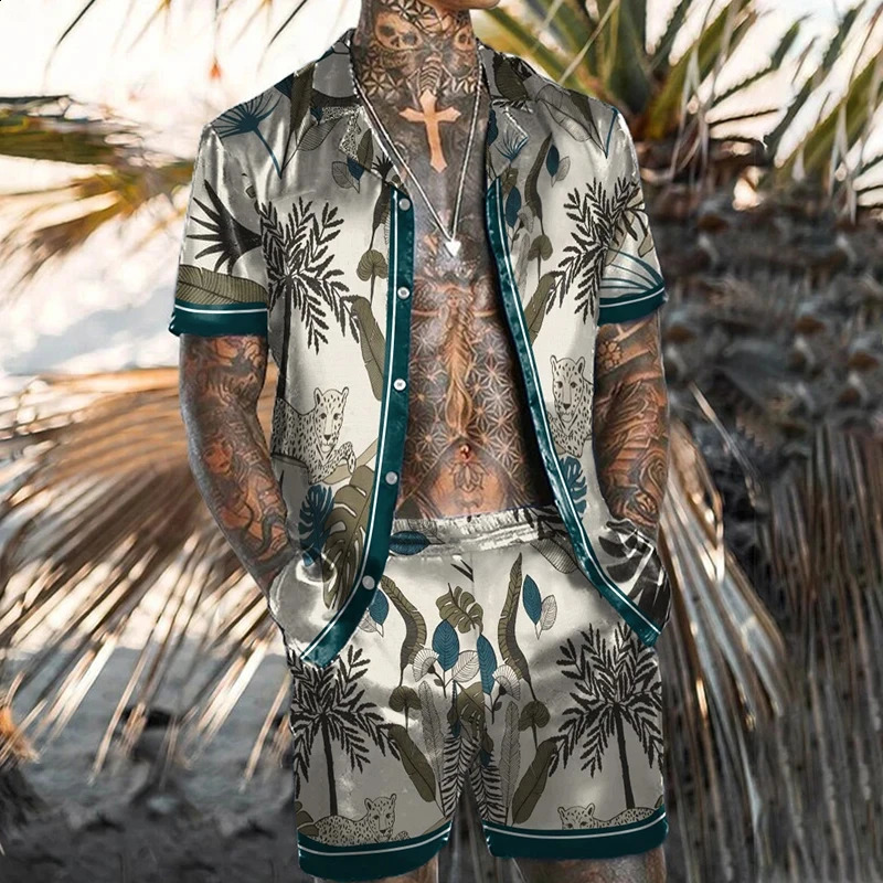 Men Shirt Sets 3d Print Retro Ethnic Style Floral Short Sleeve Casual Oversized Beach Shorts Summer Streetwear Hawaiian Suits 250319