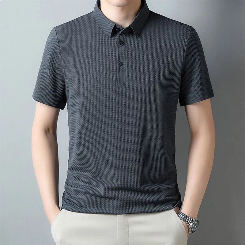 Summer Mens Short sleeved Polo Shirt High Quality Ice Silk Breathable Business Fashion T-shirt High Elastic Soft Polo Shirt 250319