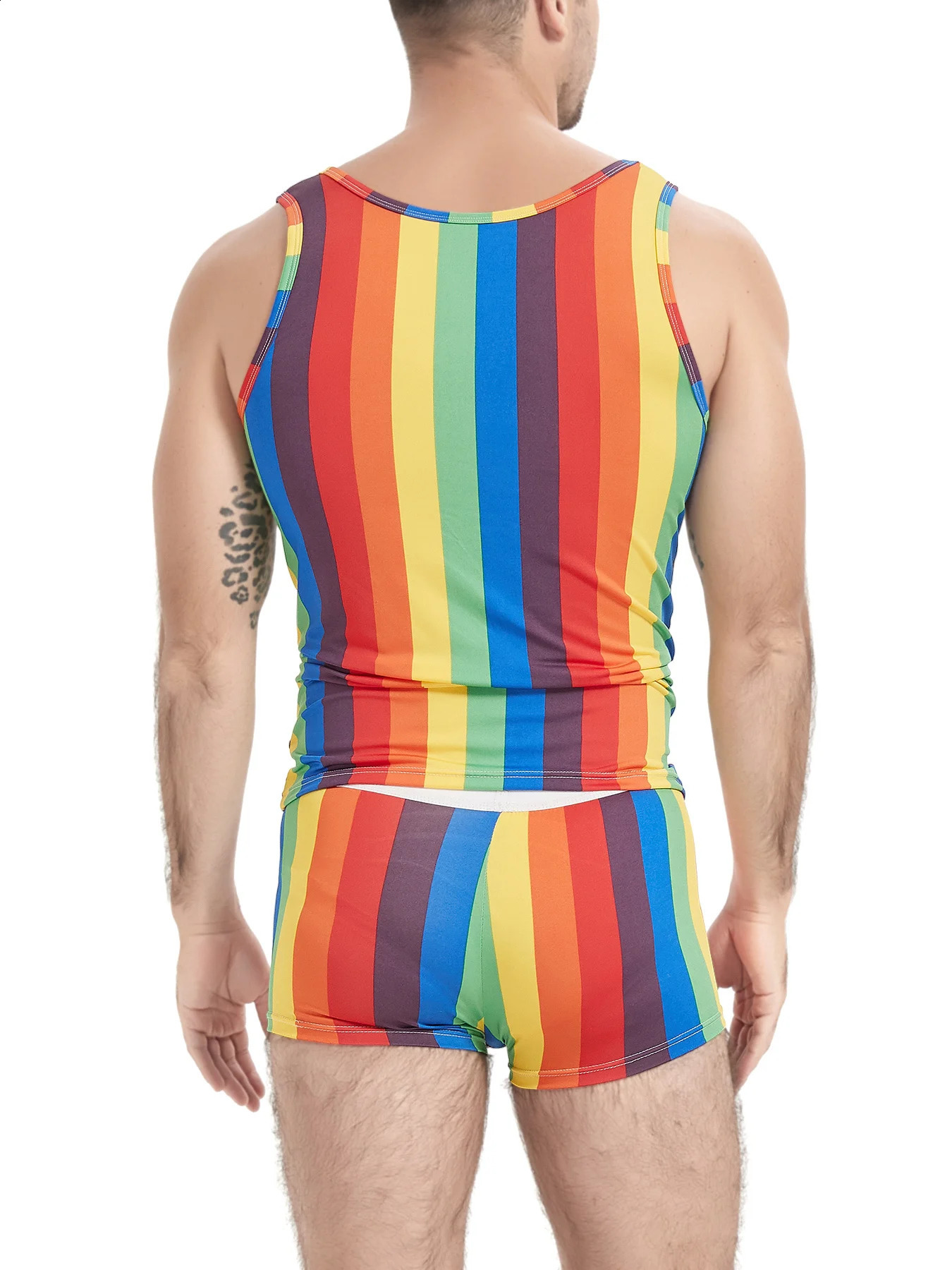 2piece mens rainbow striped pajamas set summer sleeveless sports and fitness home tight sexy shorts 250319