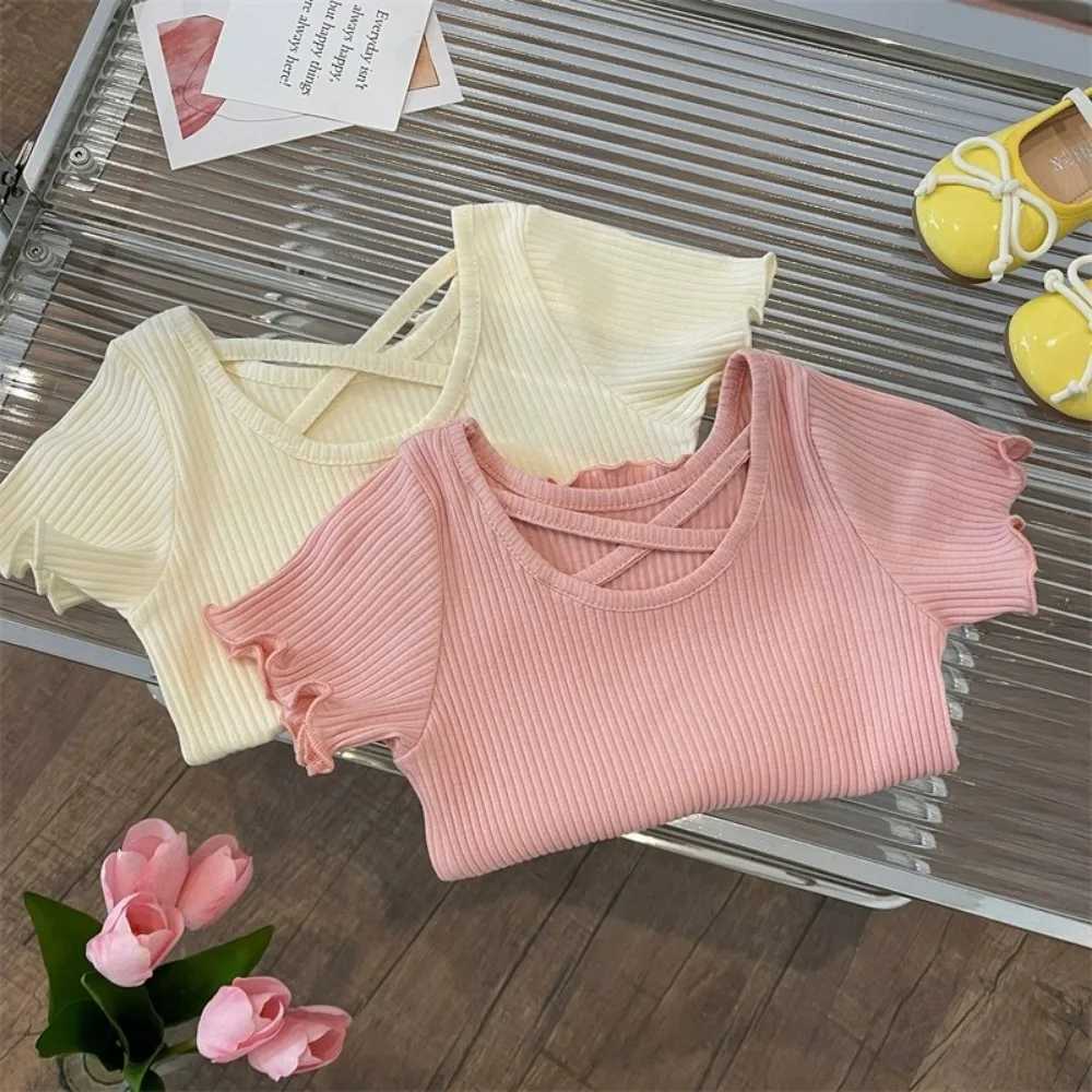 Bear Leader Summer New Girls Clothes Korean Version Top Cross Back Short Sleeve Kids Solid Color Round Neck Casual T-ShirtsT250320