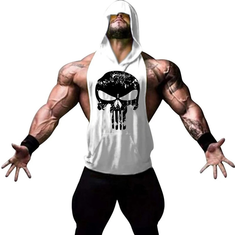Men Bodybuilding Cotton Skulls Tank Top Gyms Fitness Hooded Vest Sleeveless Shirt Summer Casual Fashion Workout Clothing 250320