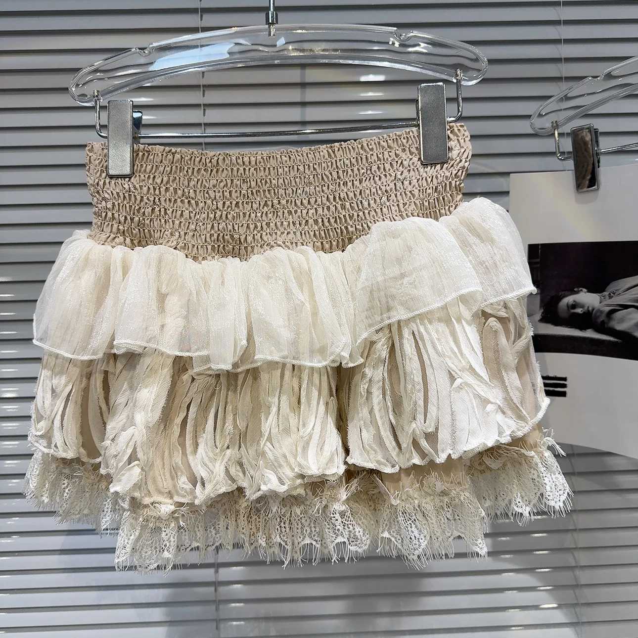 PREPOMP 2024 Summer New LTI Layer Lace Ruffle Fluffy Short Mini Skirt for Women GR091XJ250320