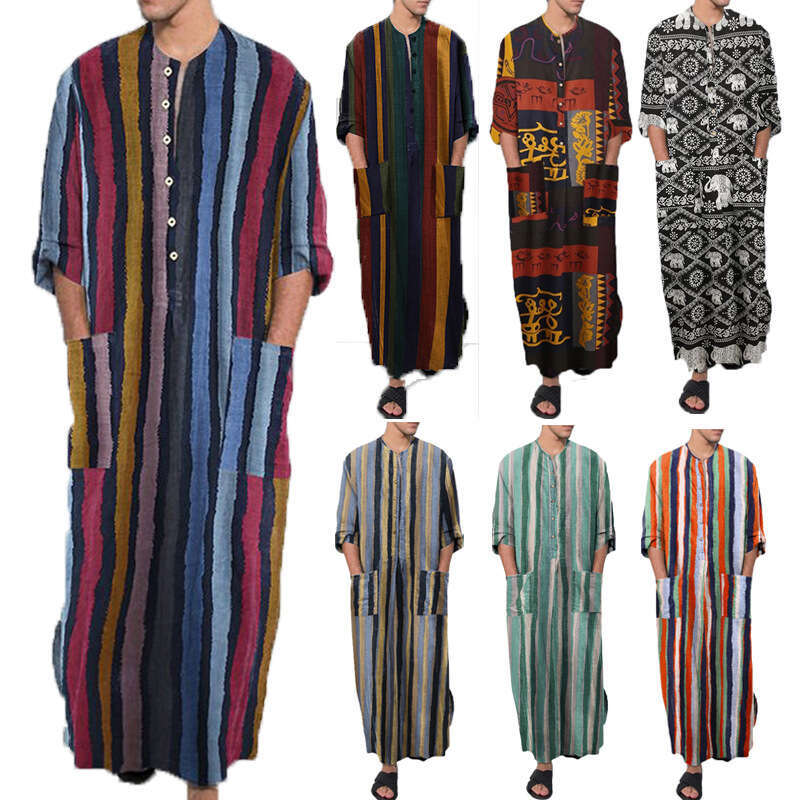 New Spring/Summer Clothing Long Sleeved Jumpsuit Arabic Striped Printed Muslim Men's Robe