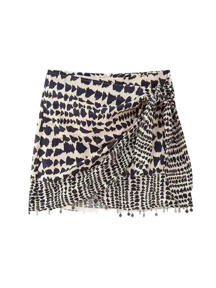 TRZA Womens Fashion with Bead Print Packaging Mini Leather Retro High Waist Back Zipper Fe LeatherXJ250320