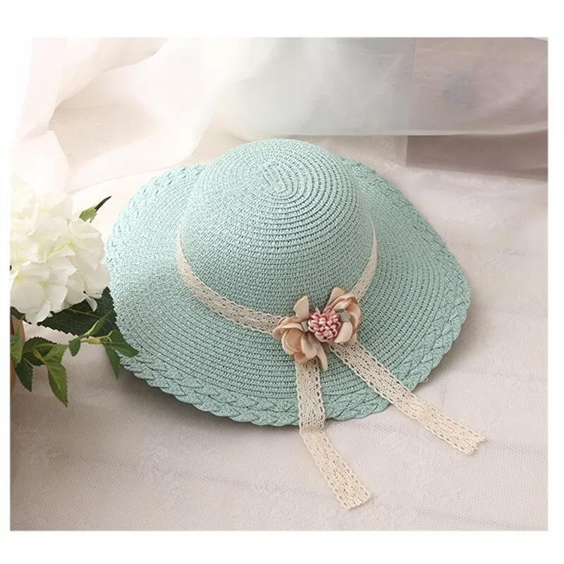 Flower Lace Straw Hat Girls Outdoor Sunscreen Cool Hat Beach Vacation Sun Hat 250320