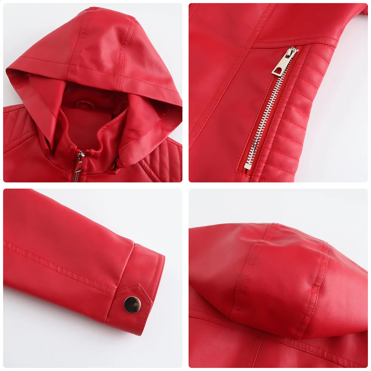 Bright red womens hooded leather jacket hat windproof fashionable casual PU black blue coffee khaki pink XXXL 250319