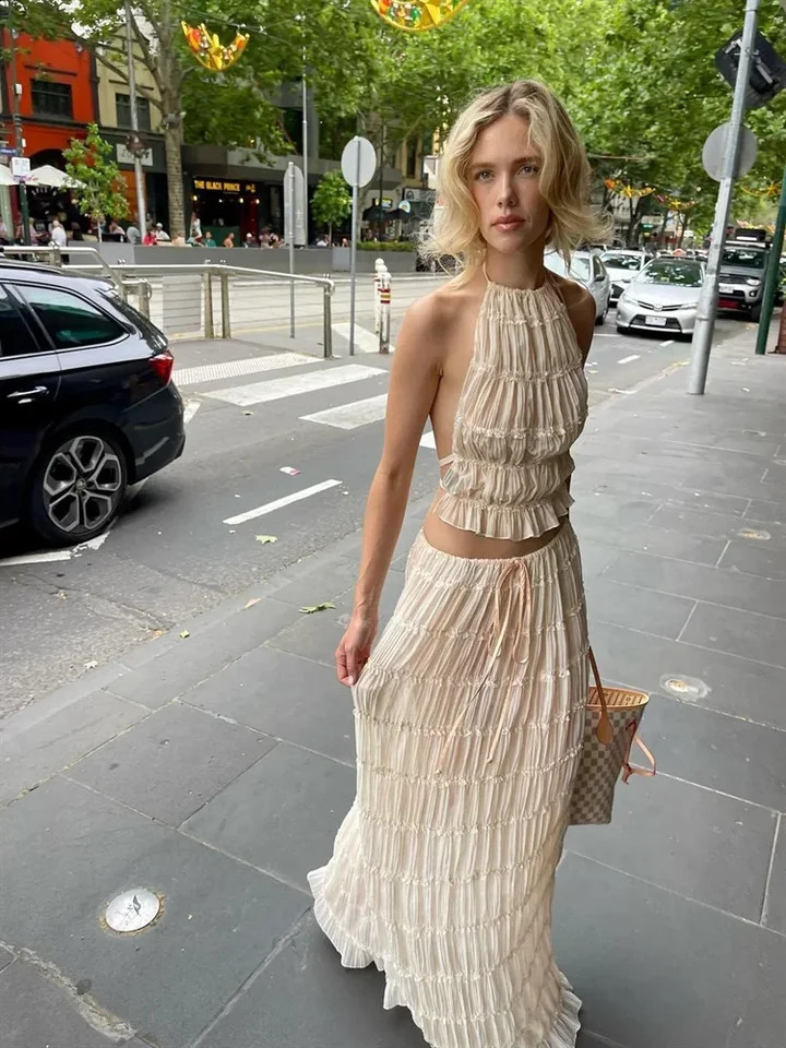 Spring Summer Female 2 Piece Set Fashion Solid Hang Neck Long Skirt Suit Women Backless Sling Top Lace Up Fold Maxi Skirts 250318