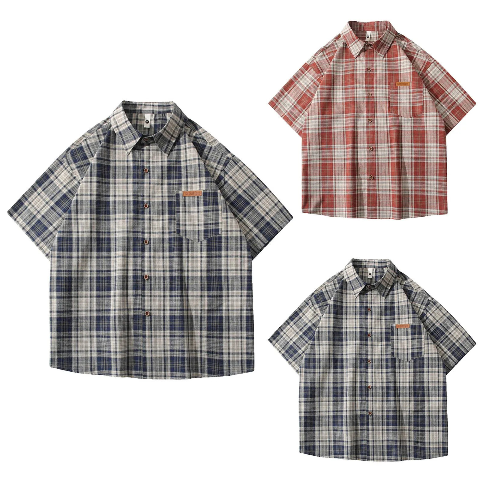 Mens loose plain short sleeved shirt casual linen button hem oversized Harajuku y and comfortable mens 250317