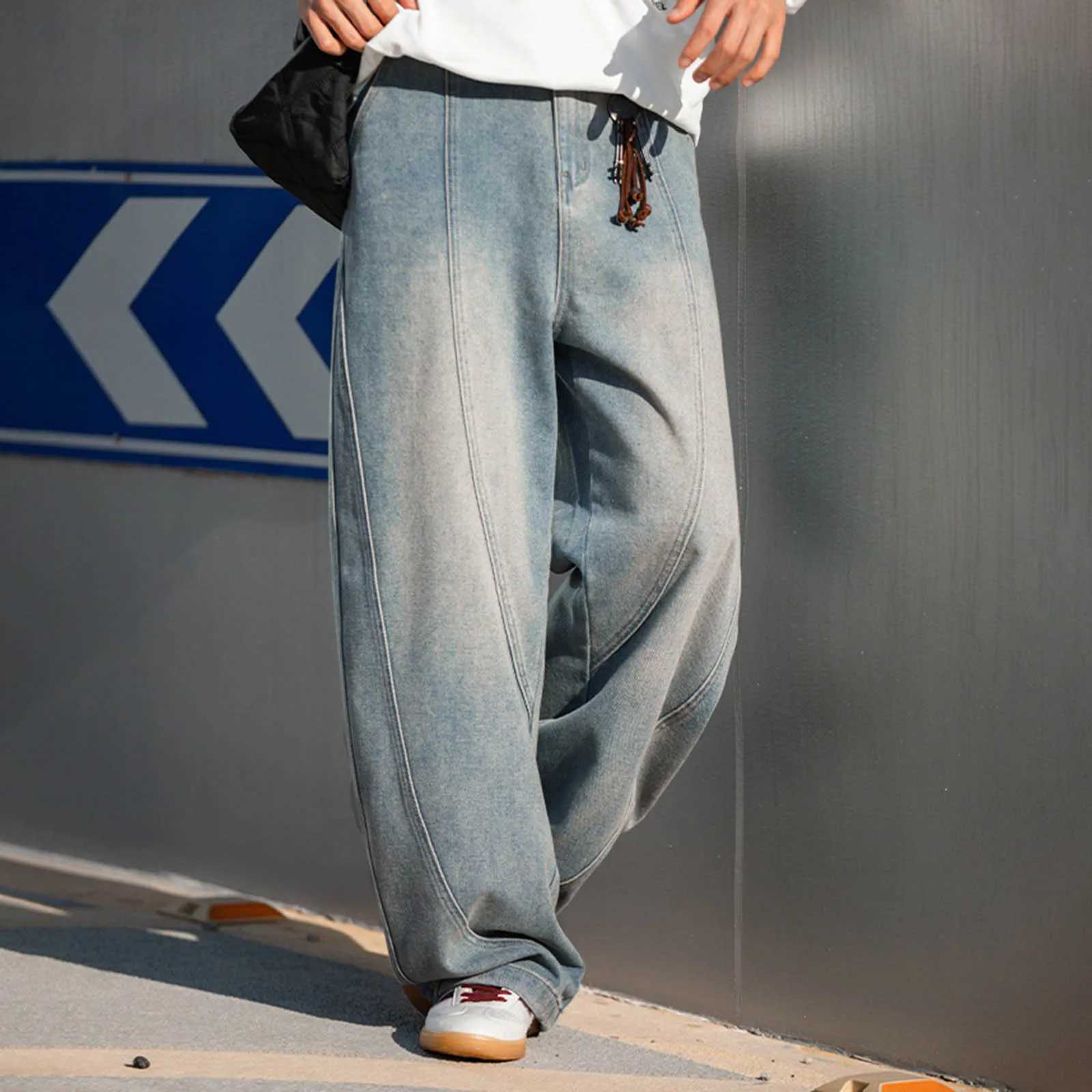 Y2k washed jeans mens retro patchwork fashion bag 2025 new straight leg jeans mens American streetwear simple mens jeansT250319