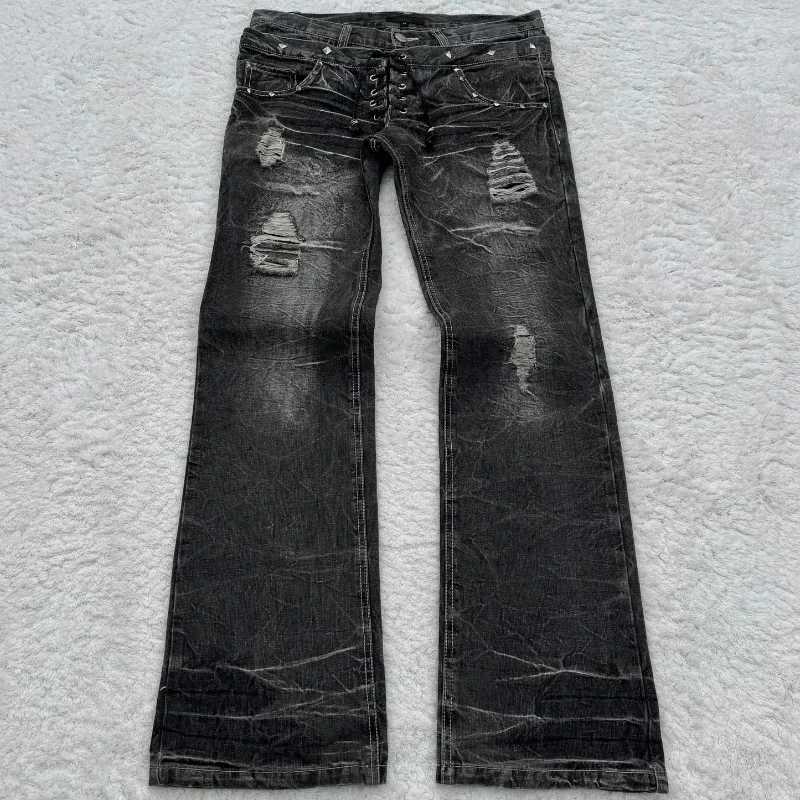 Y2K vintage jeans with damaged holes washed Gothic style jeans high-quality trend double waist adder mens pantsT250319
