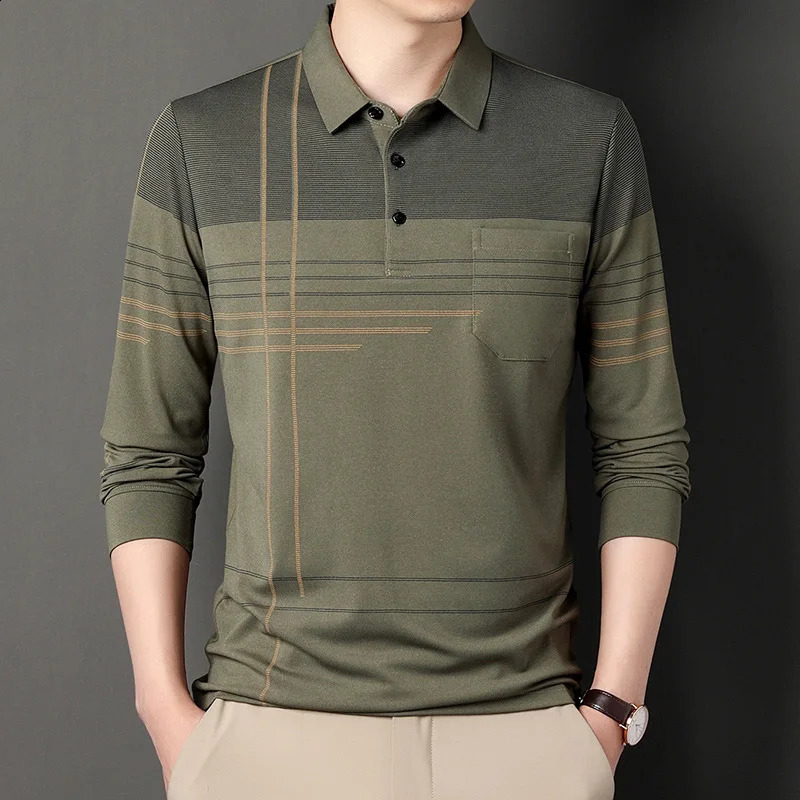 mens polo shirt long sleeved collar fashionable spring and summer thin casual loose top striped streetwear 250318
