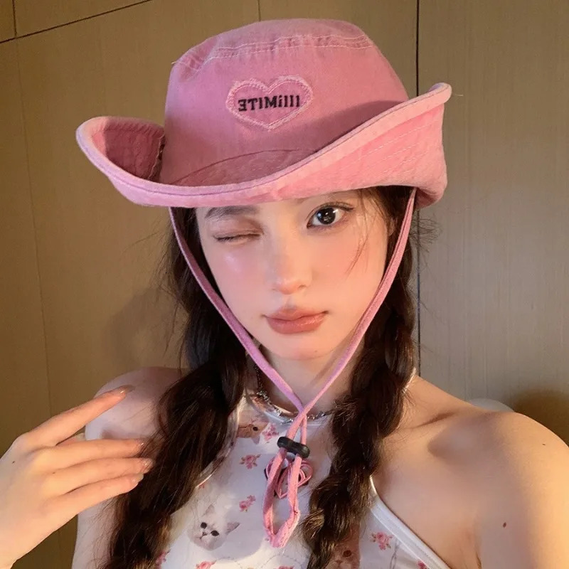 Japanese Retro Washed Cowboy Hats for Women Spring and Summer Outdoor Camping Sun Protection Sweet Pink Love Bucket Caps 250320