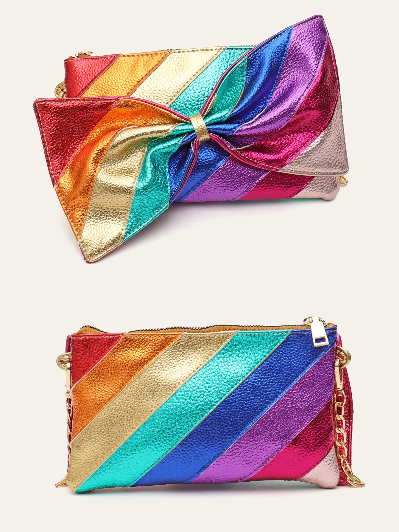 metal vegan leather handbag with colorful striped patch work sweet PU bow clutch chain cross body bag Funky Y2K 250317