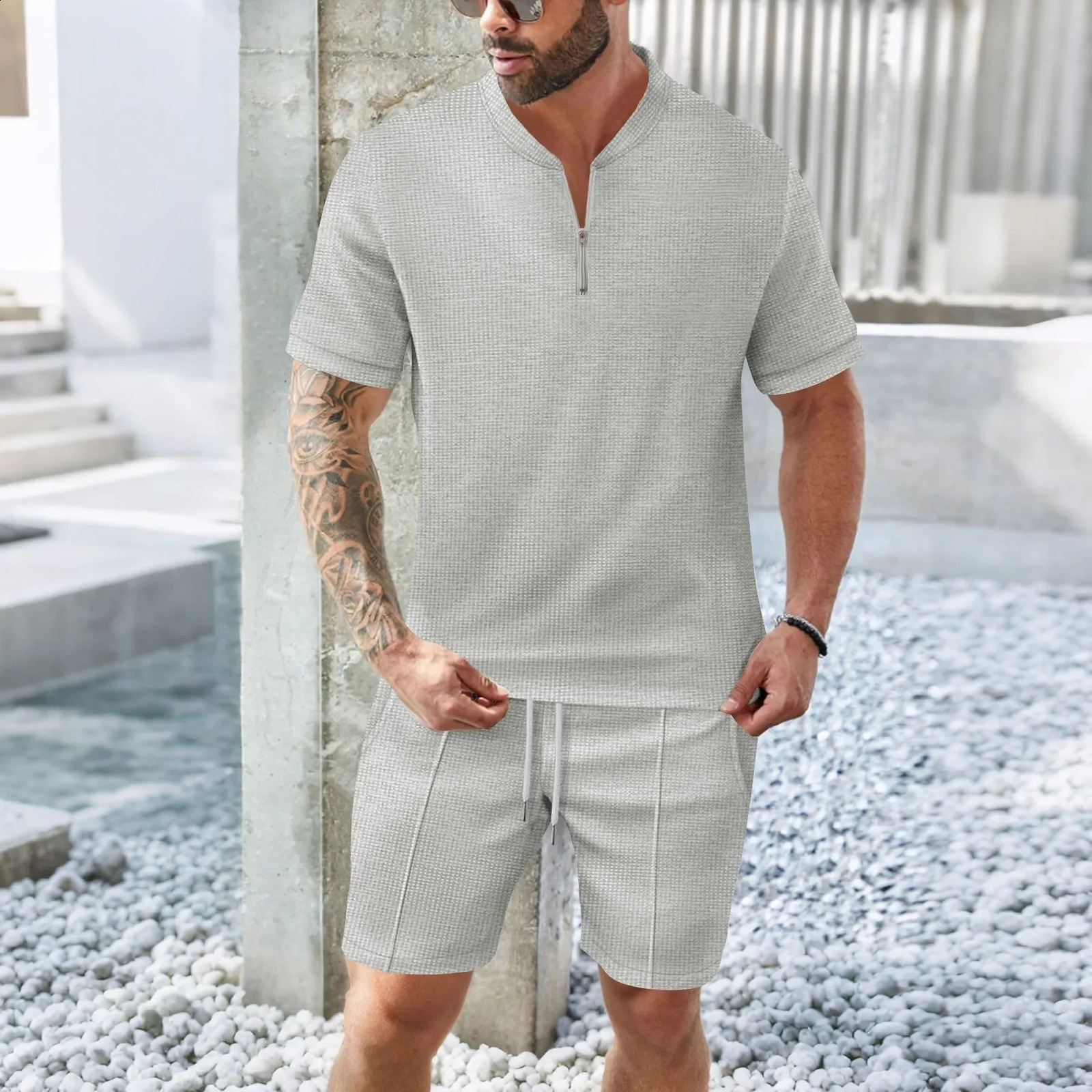 Summer Europe and the United States Mens Casual Waffle Solid Color Stand Collar Short Sleeve Shorts Two Sets 250319