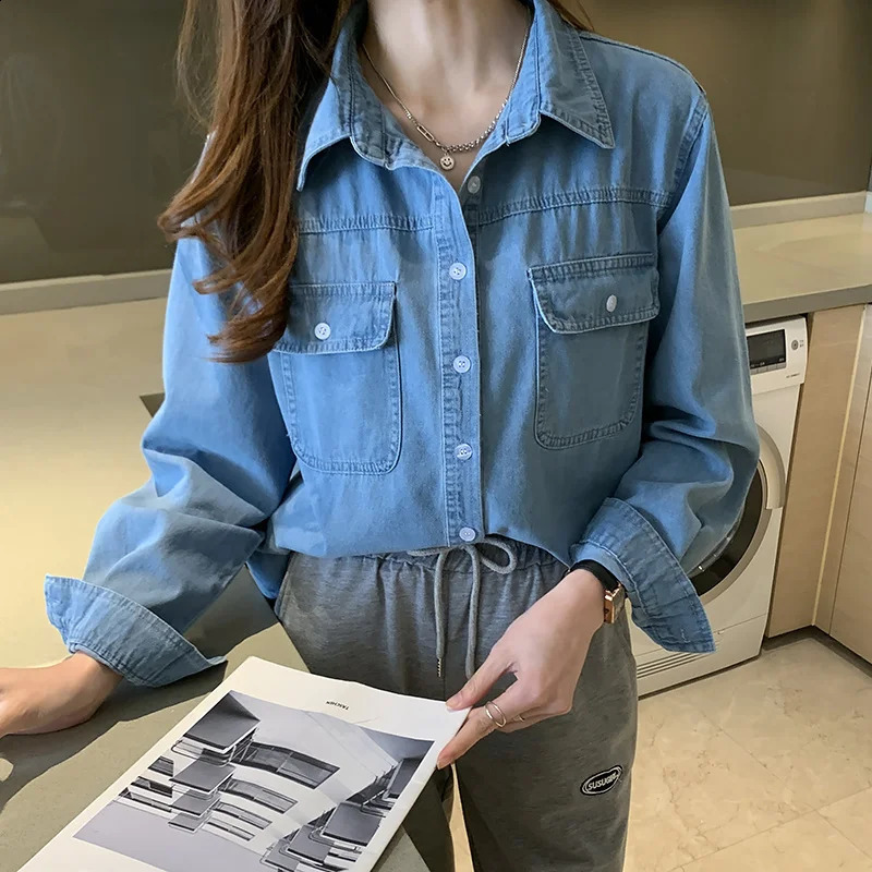 #3110 Spring Autumn Retro Blue Cotton Denim Womens Tops And Blouses Loose Casual Office Shirt Jeans Femme Turn-down Collar 250319