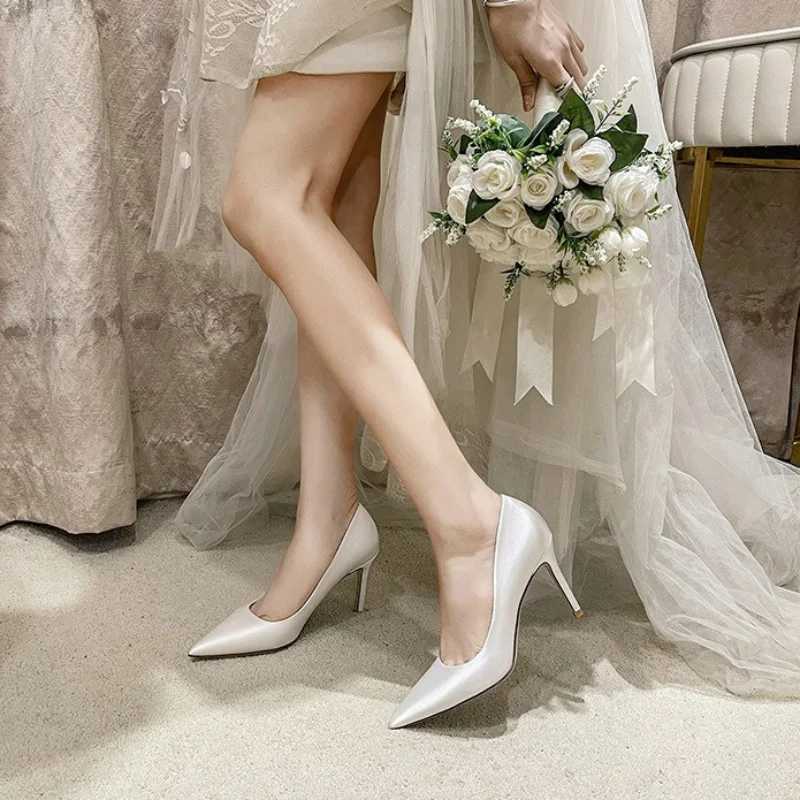2025 Wedding Shoes White High H Temperature Fine High Heels Satin Dress Single Shoes Champagne Bridesmaid Pump Y250319