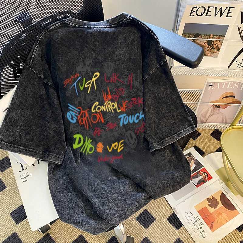 American style retro color letter printed womens T-shirt 2024 new summer trend washed black top Harajuku handsome street T-shirtT250320