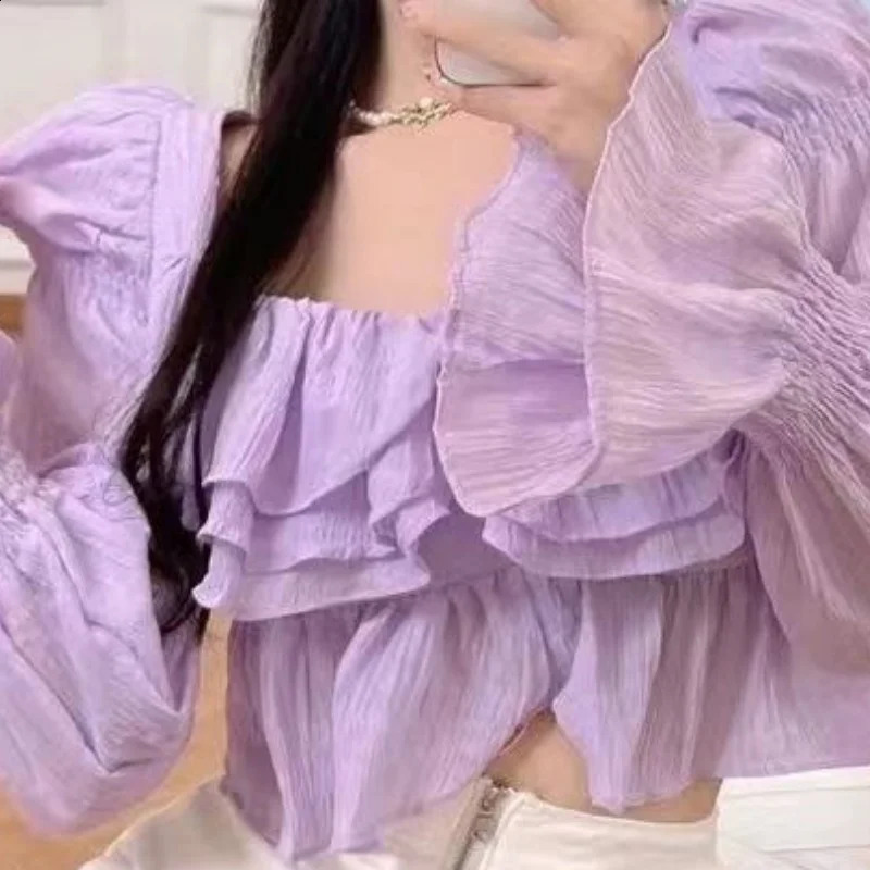 Womens Elegant Trend Ruffle Crop Top Sweet Korean Casual Purple Solid Long Sleeve Shirt and Fairycore Full Match 250319