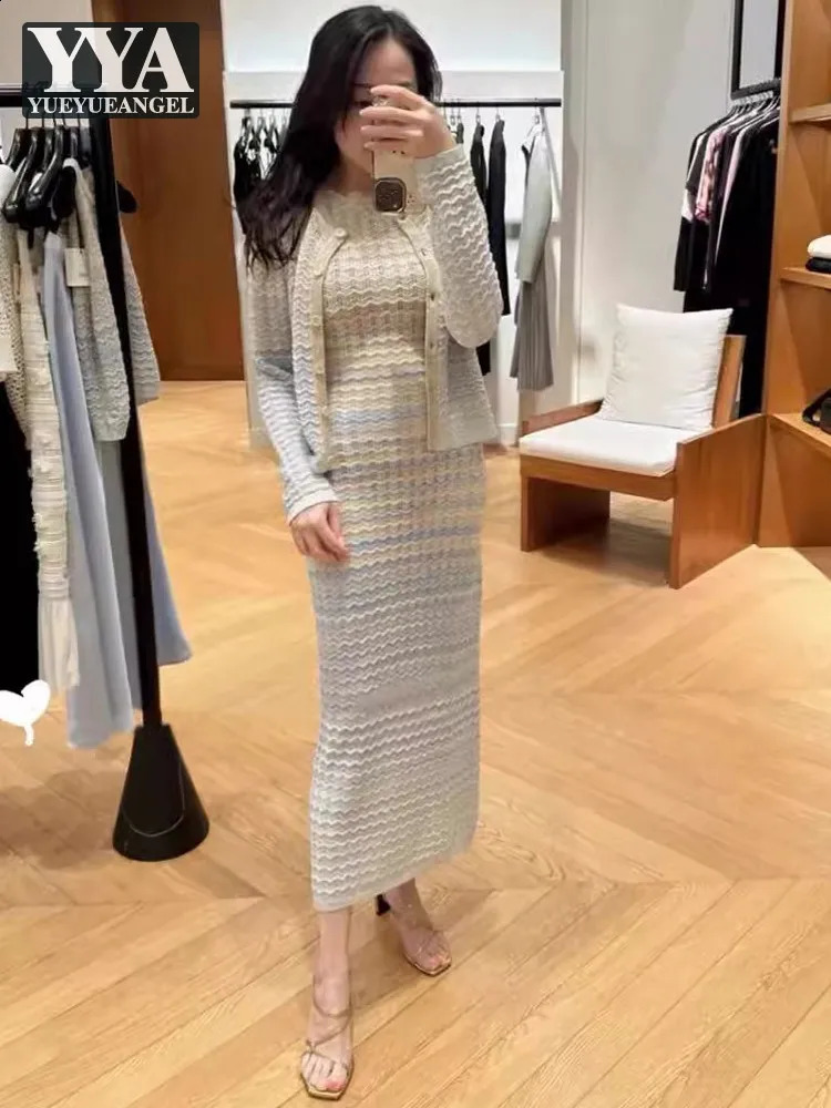 Elegant Women Autumn Knitted Set Gradient Mixed Colors Sweater Cardigan Slim Fit Long Tank Dress Matching Set Knitwear Outfits 250317