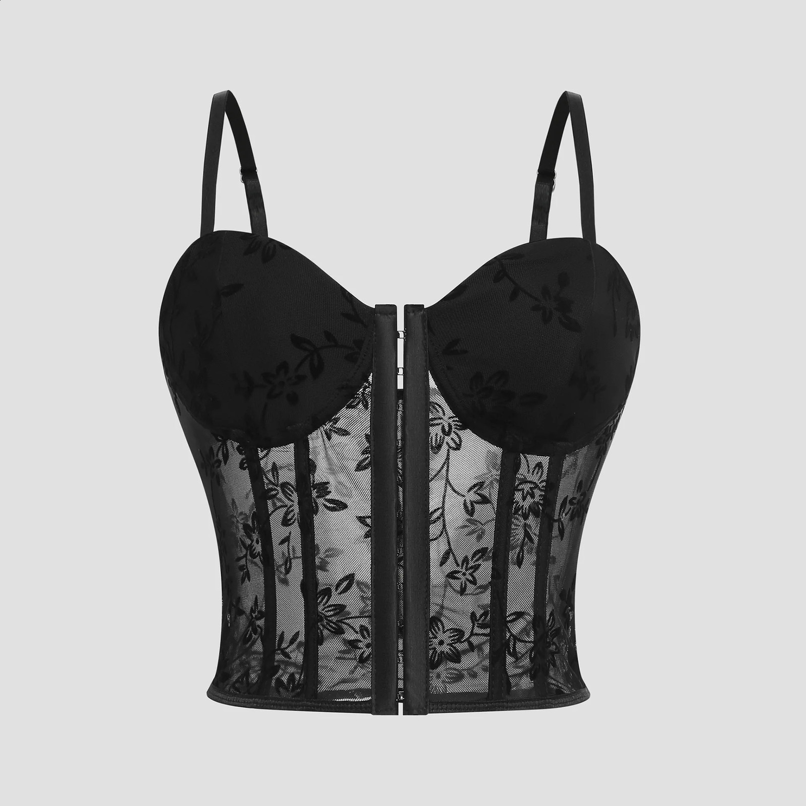 Sexy lace embroidery chic full corset lingerie with ultrathin Korean tank top low cut see through camisole vest bodysuit 250319
