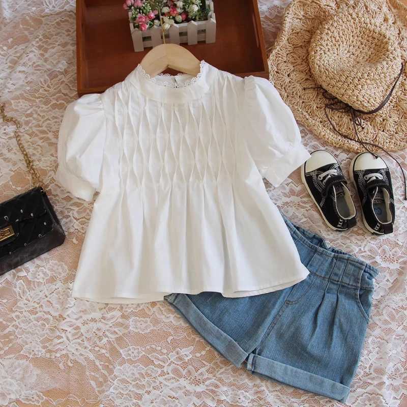 Girl Summer White Shirt Cotton Korean Lace Collar Top Preschool Fashion Childrens Short sleeved T-shirt 4 8 12 14 16T250320